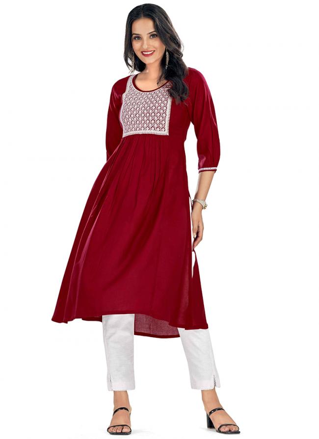 Rayon Maroon Daily Wear Embroidery Work Readymade Kurti With Bottom